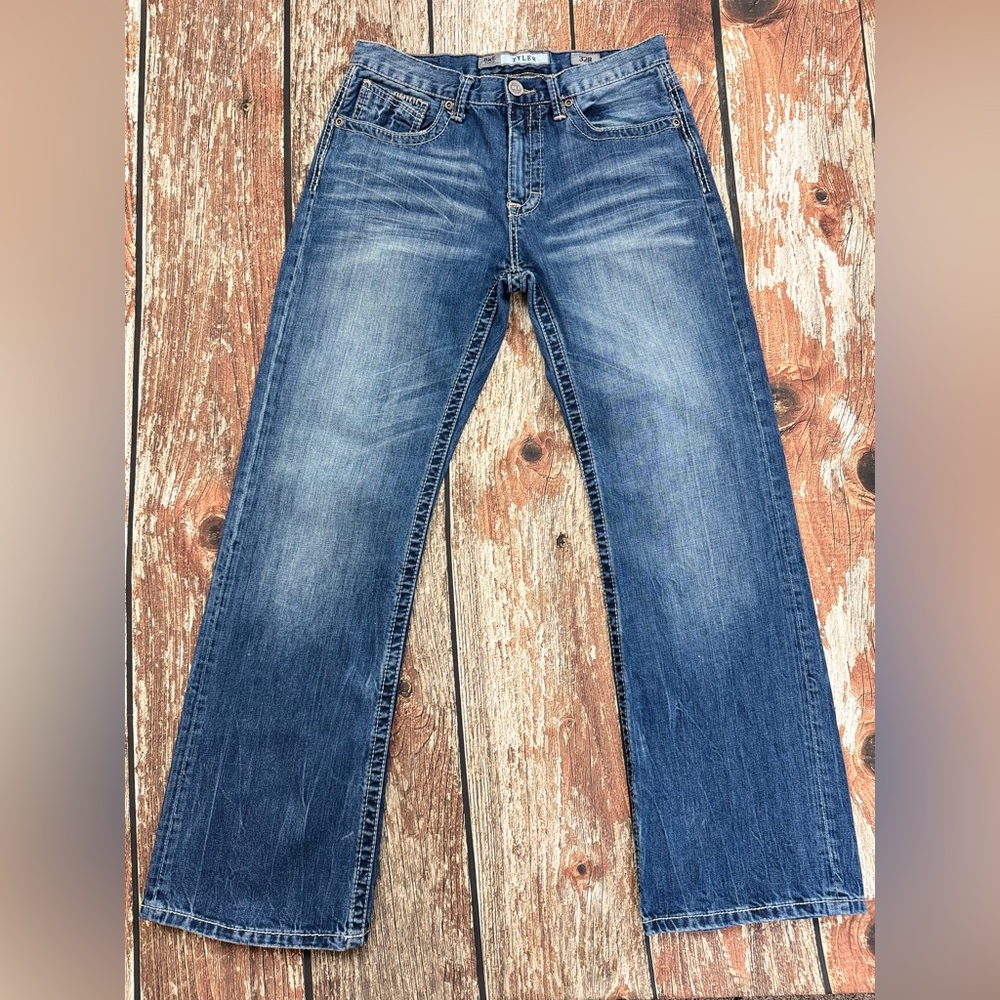 BKE Tyler Straight Denim Jeans, Men's 32R Blue Thick Stitch Medium Wash